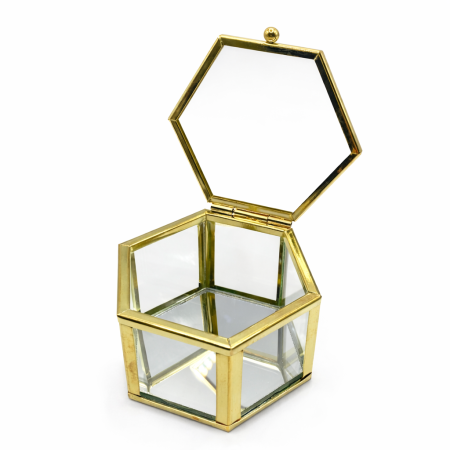 صندوق زجاج - شكل سداسي لون ذهبي قاعدة مراي
