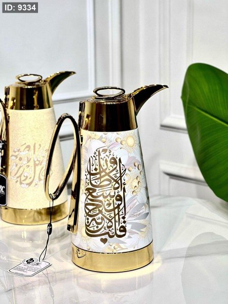 تيرموس 1 لتر ستانلس مرسم ورد مكتب يد وغطا ضغط ذهبي