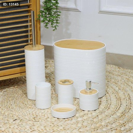 طقم حمام بيضاوي /6 بلاستك ابيض محزز غطا خشب