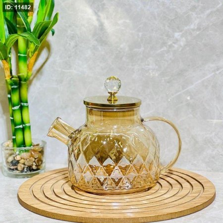 ابريق شاي 1 لتر زجاج عسلي بقلاوة غطا ستانلس ذهبي