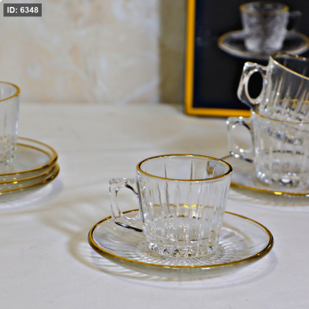 طقم فناجين قهوة 6/6 زجاج سادة محفر حيف ذهبي