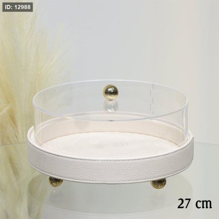 جاط كيك مدور 27سم جلد بيج غطا اكرلك شفاف مسكة ذهبي