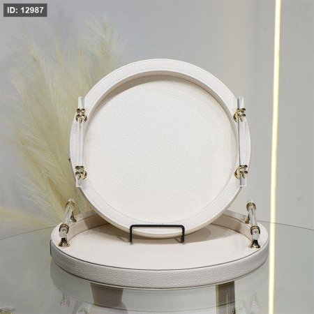 طقم صواني/2 مدور جلد بيج بيدين كرستال شفاف مذهب