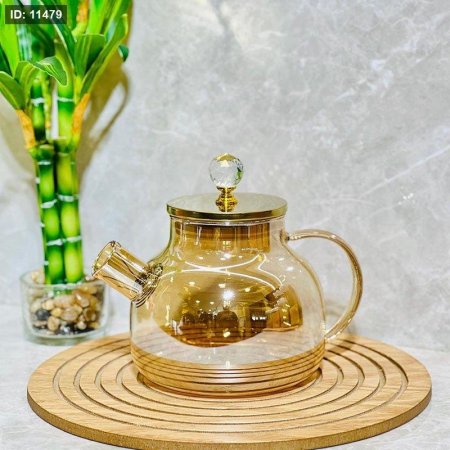 ابريق شاي 1 لتر زجاج عسلي غطا ستانلس ذهبي