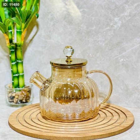 ابريق شاي 1 لتر زجاج عسلي محزز غطا ستانلس