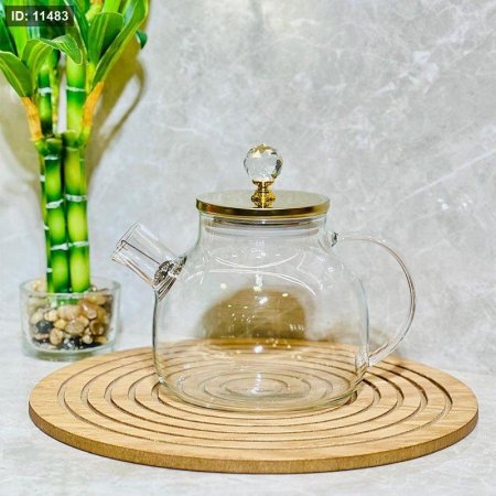 ابريق شاي 1 لتر زجاج سادة غطا ستانلس ذهبي
