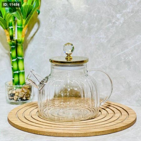 ابريق شاي 1 لتر زجاج سادة محزز غطا ستانلس