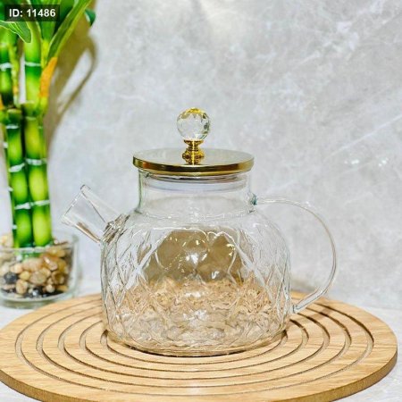 ابريق شاي 1 لتر زجاج سادة بقلاوة غطا ستانلس ذهبي