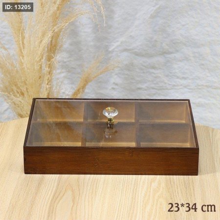 مضيفة مستطيل مقسم 6عين خشب بامبو 34*23سم غطا اكرلك شفاف