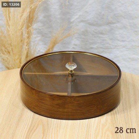 مضيفة مدور مقسم 4عين خشب بامبو 28سم غطا زجاج حيف ذهبي