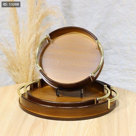 طقم صواني مدور/3 خشب بامبو بيدين ستانلس ذهبي