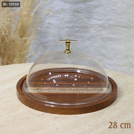 جاط كيك خشب مدور 28سم وجه نصف اكرلك شفاف مسكة كرستال