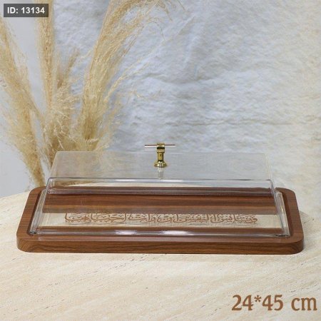 جاط كيك خشب مستطيل 45*24سم وجه نصف اكرلك شفاف مسكة كرستال